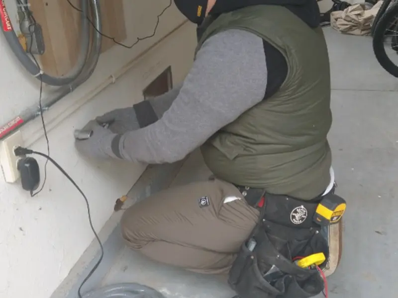 Electrician performing outlet wiring in a Dana Point garage